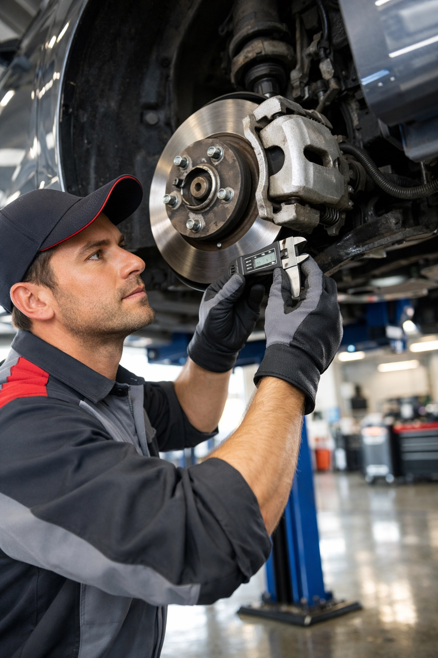 Expert mechanic performing a brake inspection at Autocenters Service in Bonne Terre, MO.