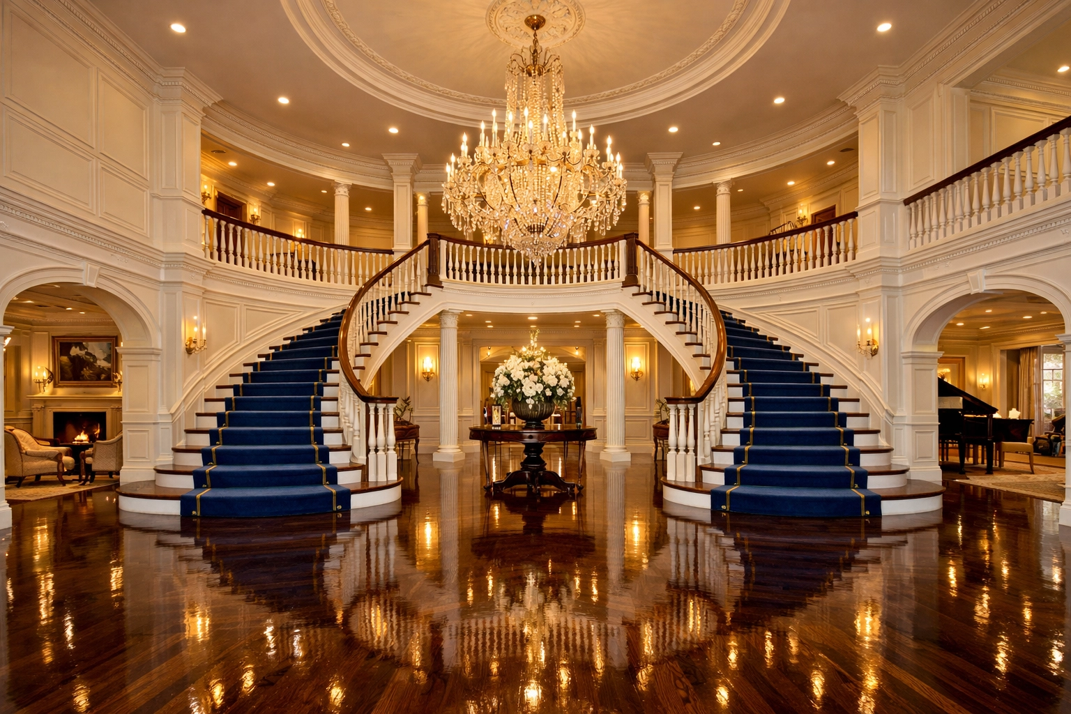 Spotless grand foyer in a Dover mansion showing expert residential cleaning Massachusetts results.