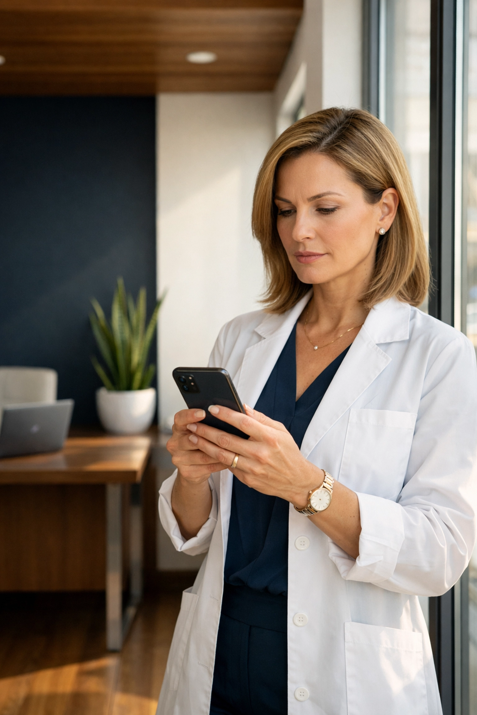 Clinic owner checking therapy insurance claim status on a smartphone to speed up reimbursement.