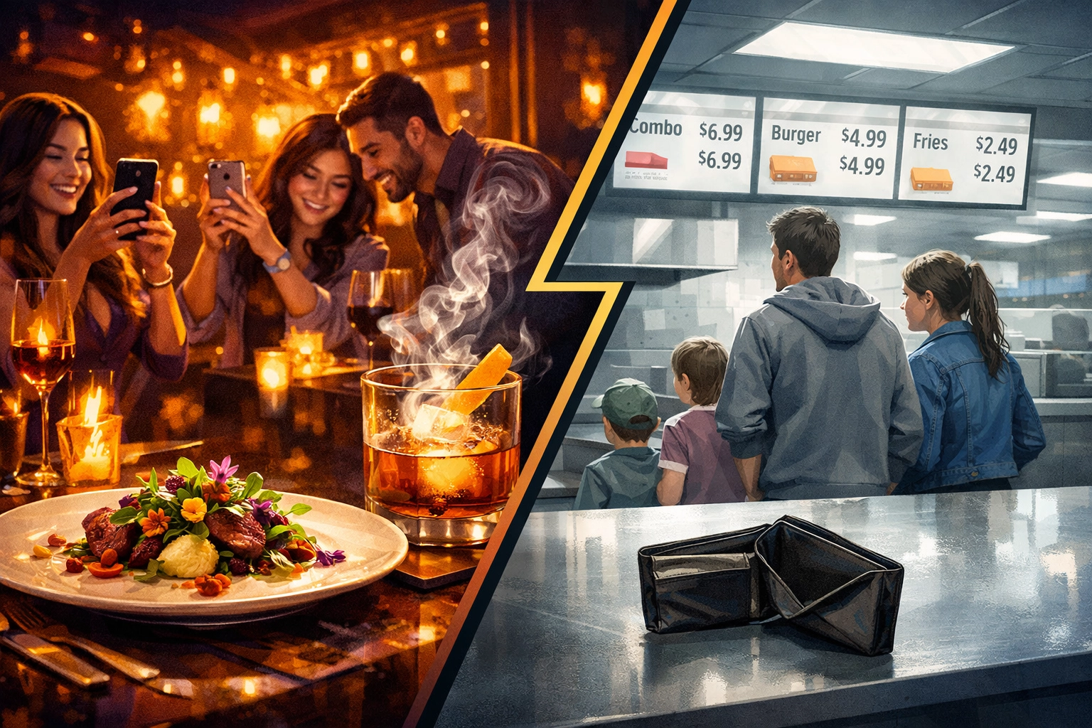 K-shaped restaurant economy split: luxury dining experiences versus value-seeking budget families