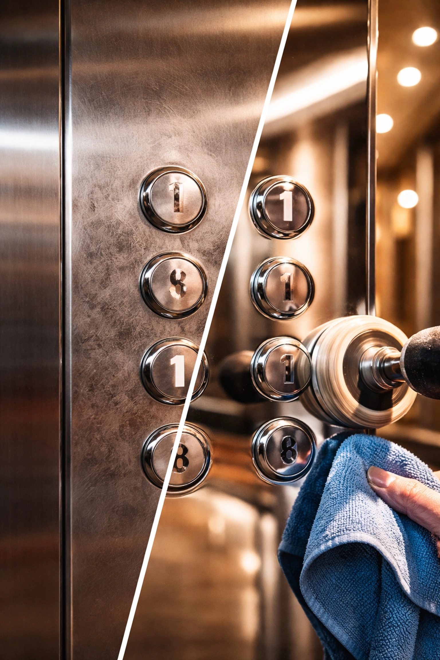 Close-up of elevator panel restoration showing transformation from dull to shiny, emphasizing results of expert metal maintenance services.