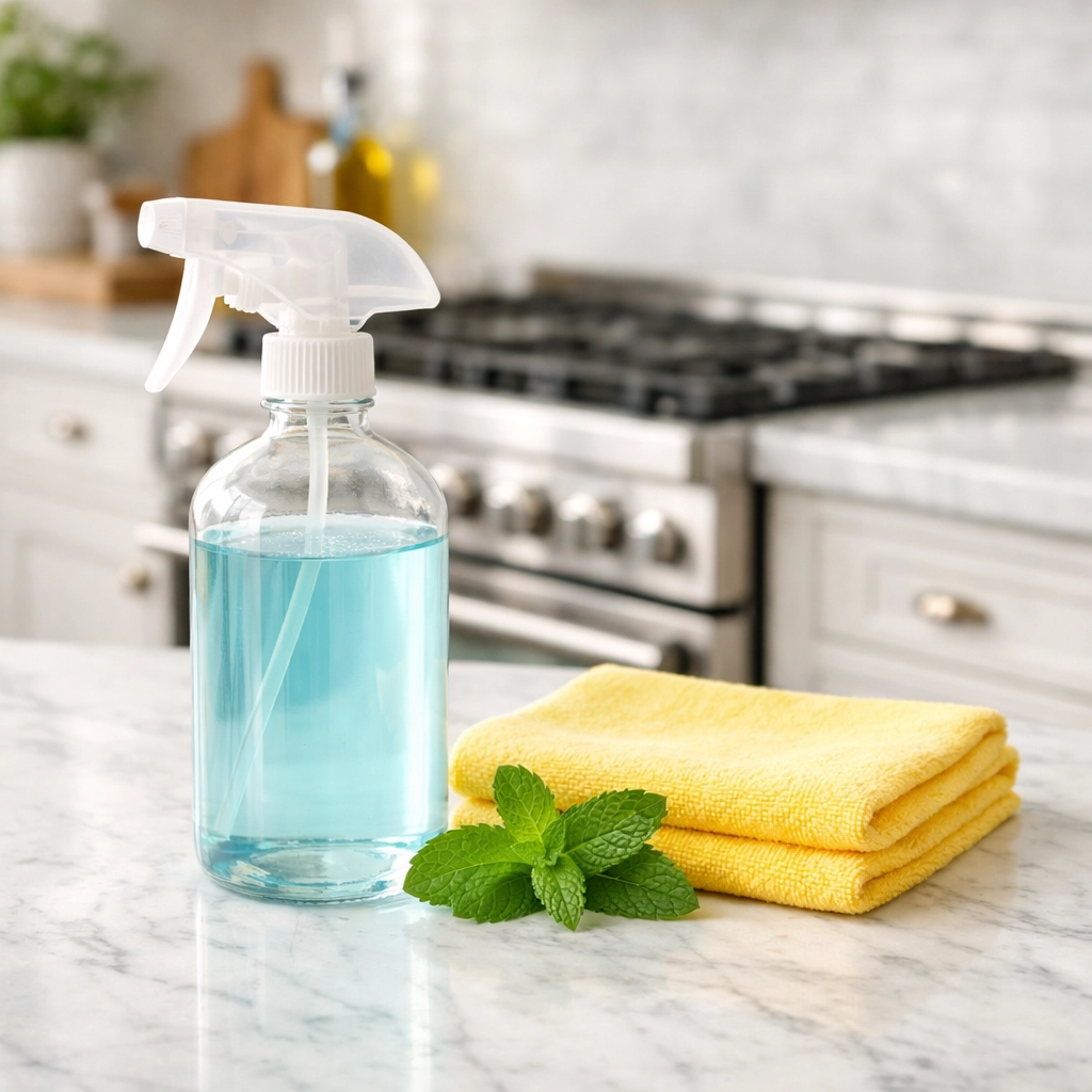 Eco-friendly cleaning supplies on a marble kitchen island for professional house cleaning in Franklin.