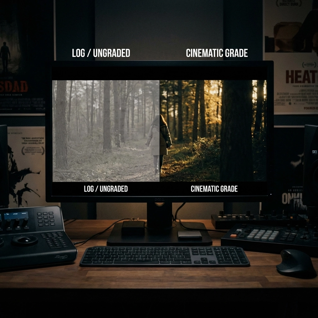 Split-screen comparison of raw and color-graded video footage for cinematic color grading results