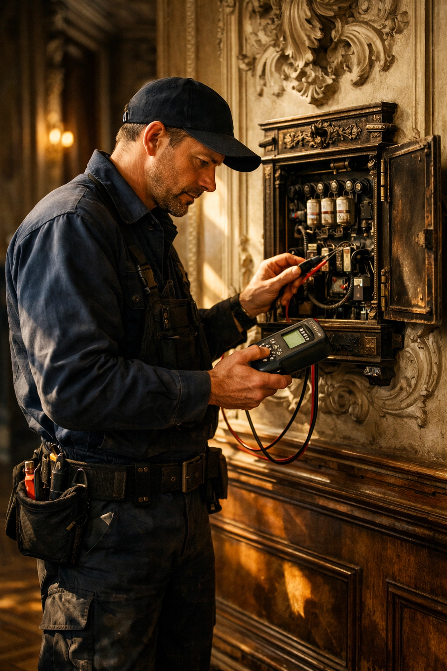 Elektriker prüft historischen Sicherungskasten in Wiener Altbau 1010