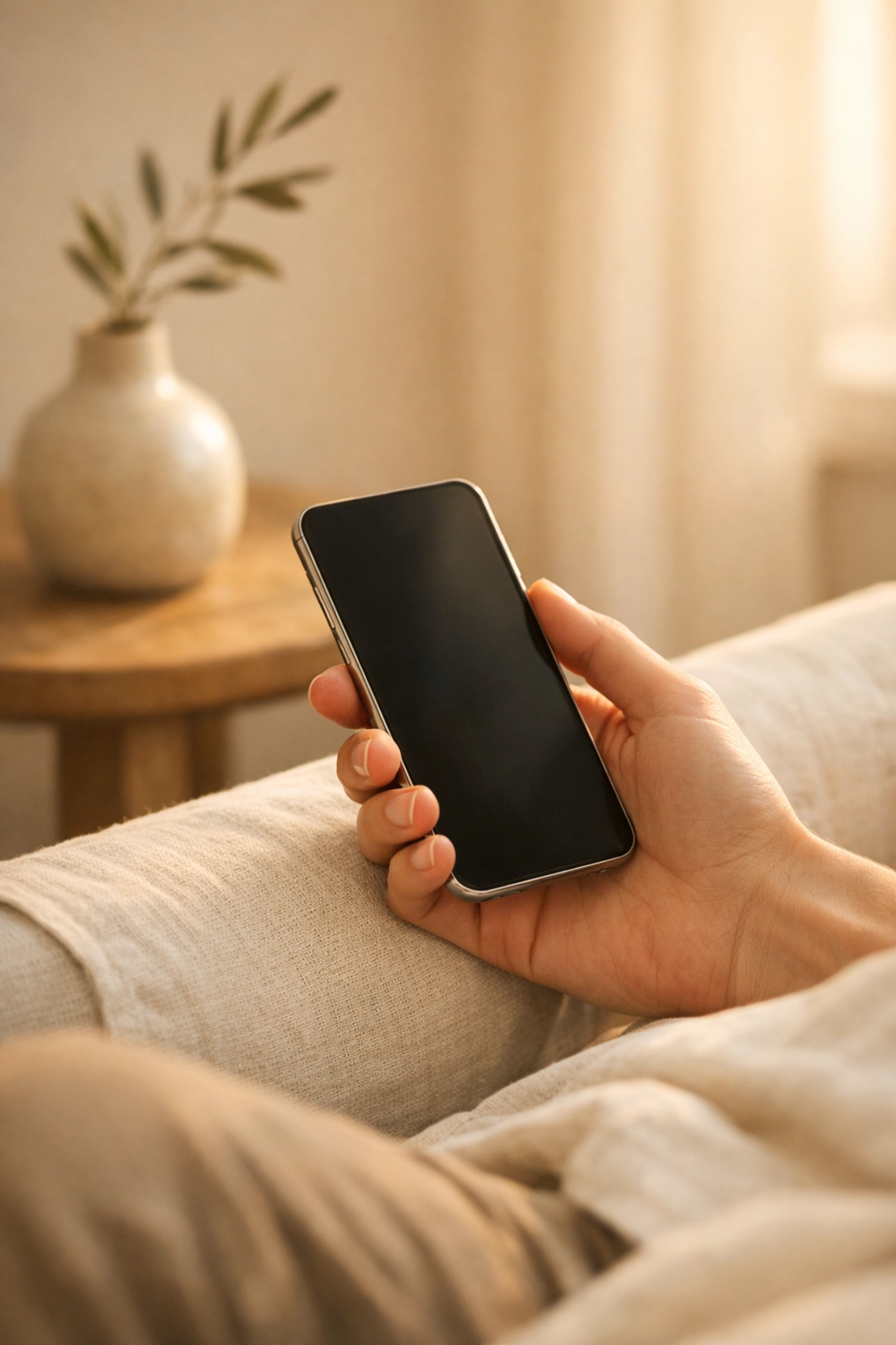 Guest in a hotel suite using a smartphone for seamless communication with a hotel CRM.