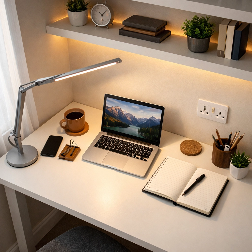 Proper LED task lighting setup in home office with layered ambient lighting