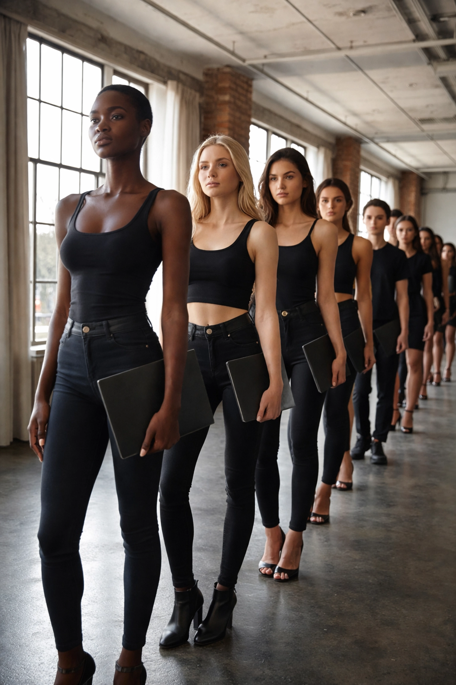 Models of diverse backgrounds waiting in line at a New York fashion week casting call in a modern loft setting.