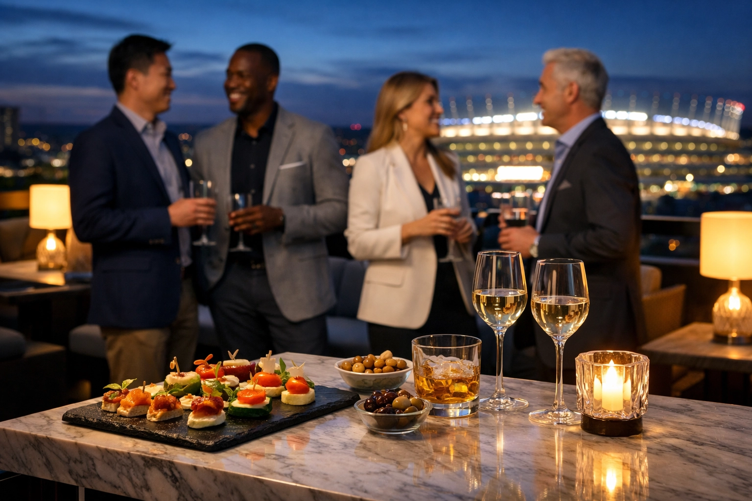 Corporate executives networking at an exclusive rooftop lounge during a Super Bowl branding event.