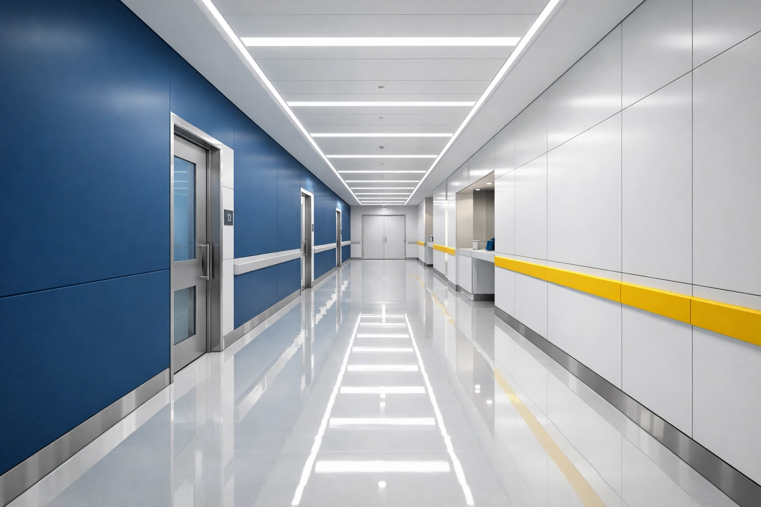 A brightly lit, sterile hallway in a modern Fitchburg medical facility cleaned to professional standards.