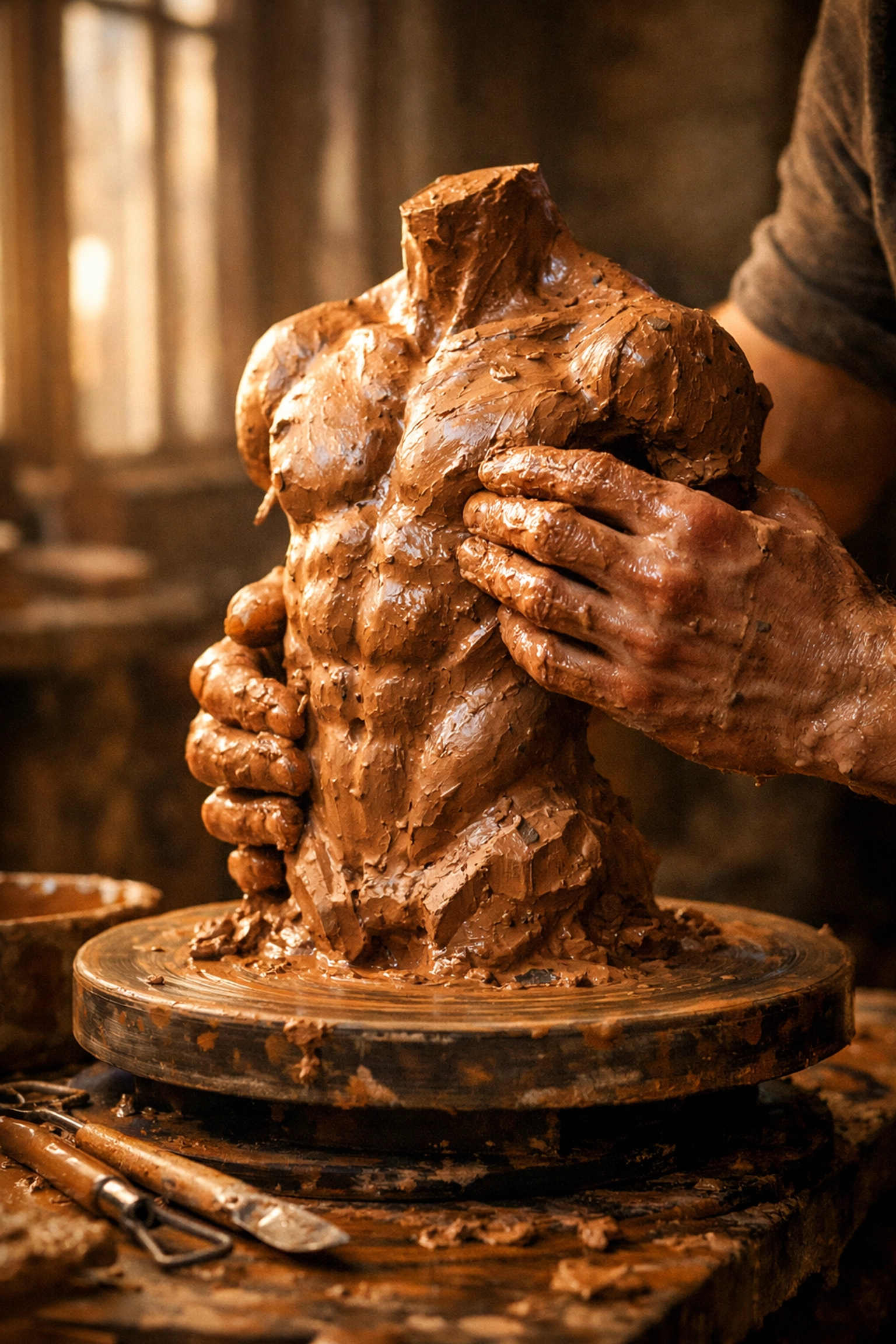 Gay sculptor's hands shaping clay male torso demonstrating intimate artistic creation of human form