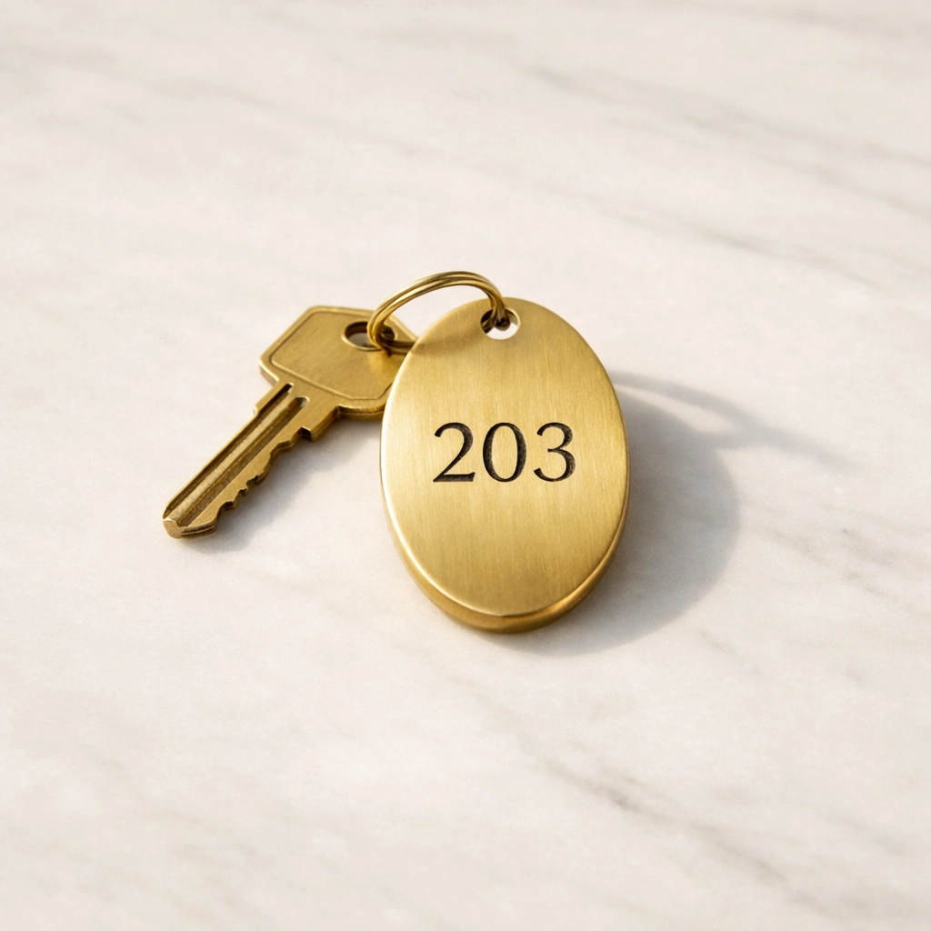 Minimalist hotel room key on marble representing unified guest profiles and hotel PMS sync.