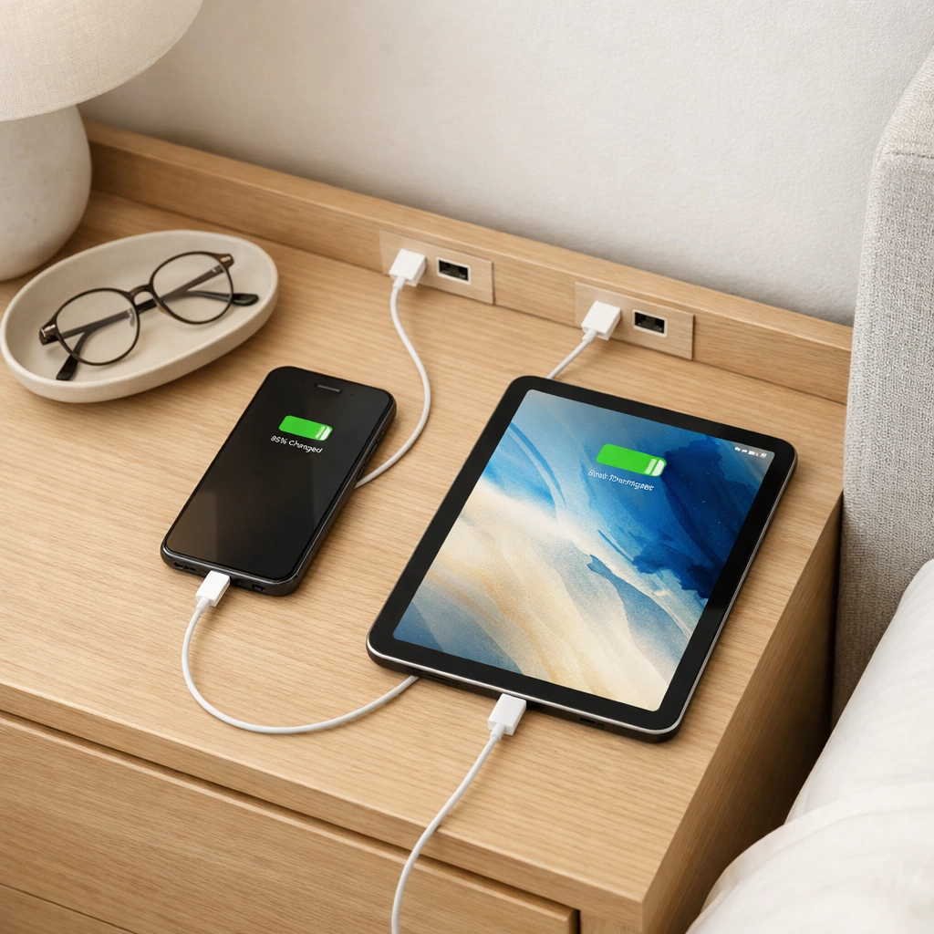 Tech-forward nightstand with built-in USB charging ports for organized bedside device management.