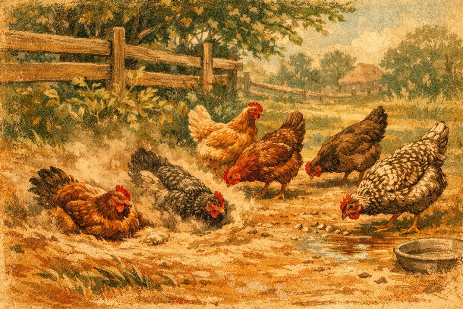 A flock of happy hens enjoying natural behaviors like foraging and dust bathing on open pasture.