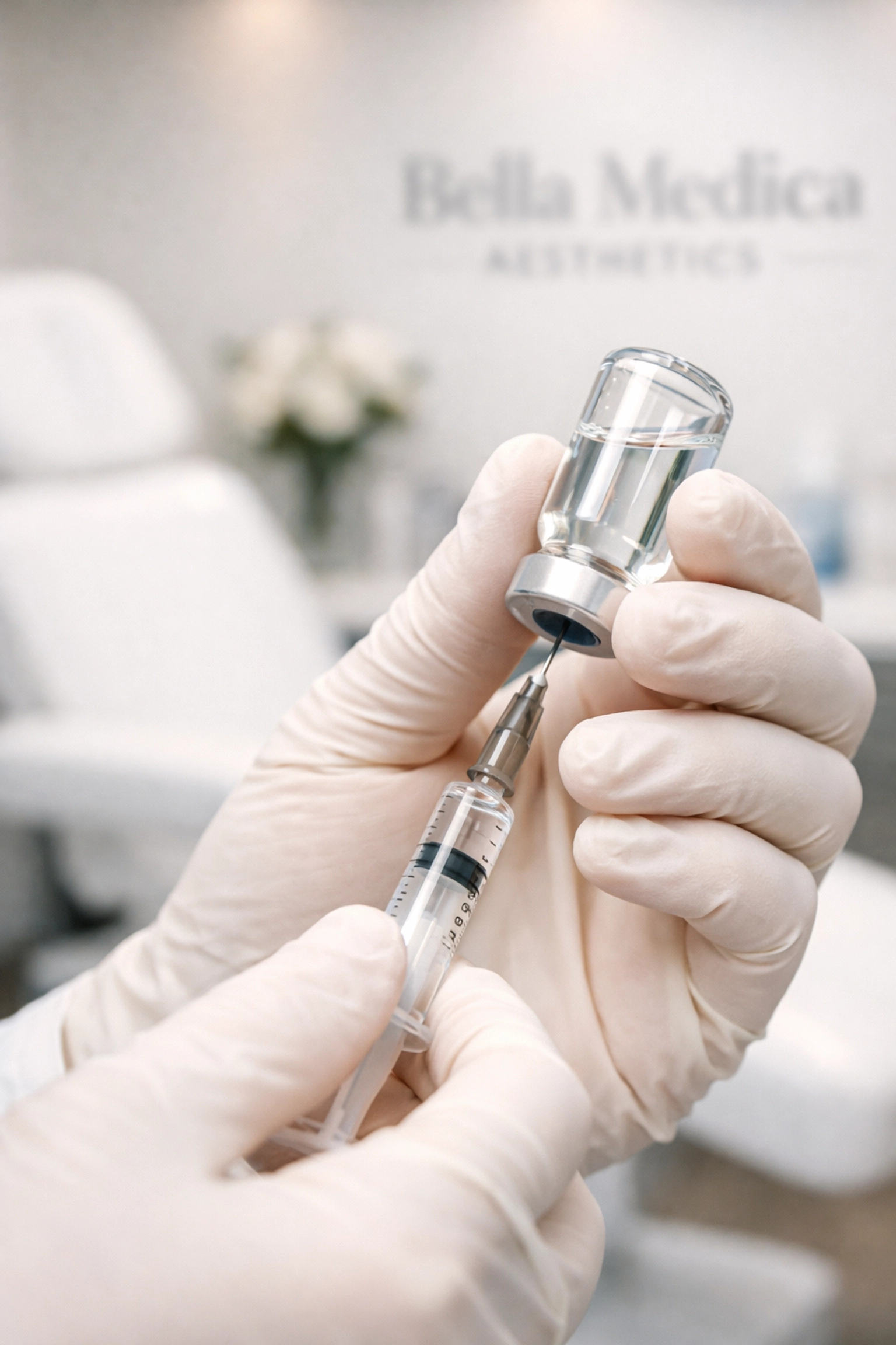 A doctor preparing a skin booster treatment at Bella Medica Aesthetics clinic in Lancashire.