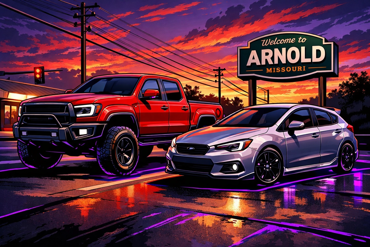 A red pickup truck and silver hatchback available at Grateful Motors in Arnold, MO.