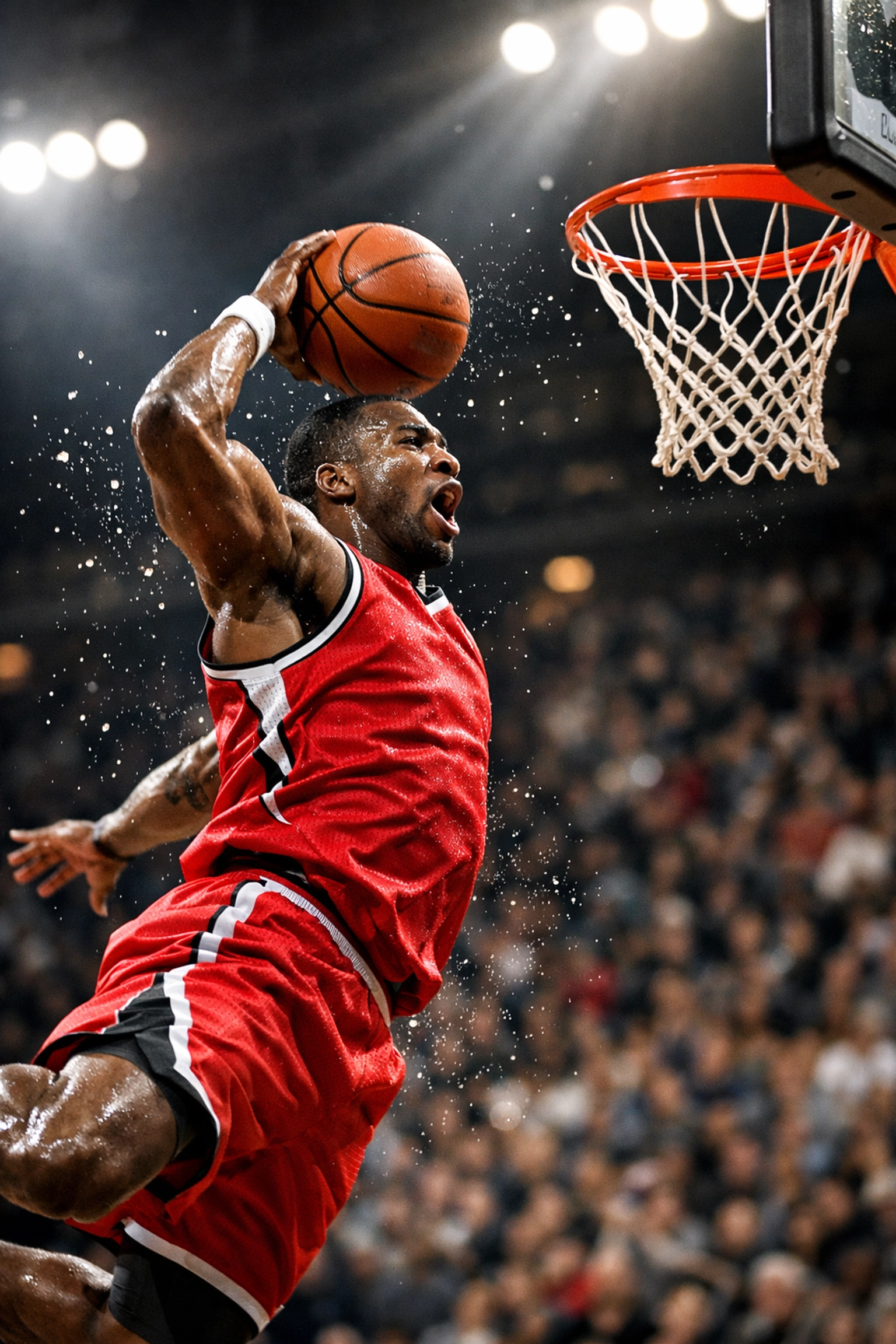 High-speed sports action photo of a basketball dunk captured with deep-learning camera hardware.