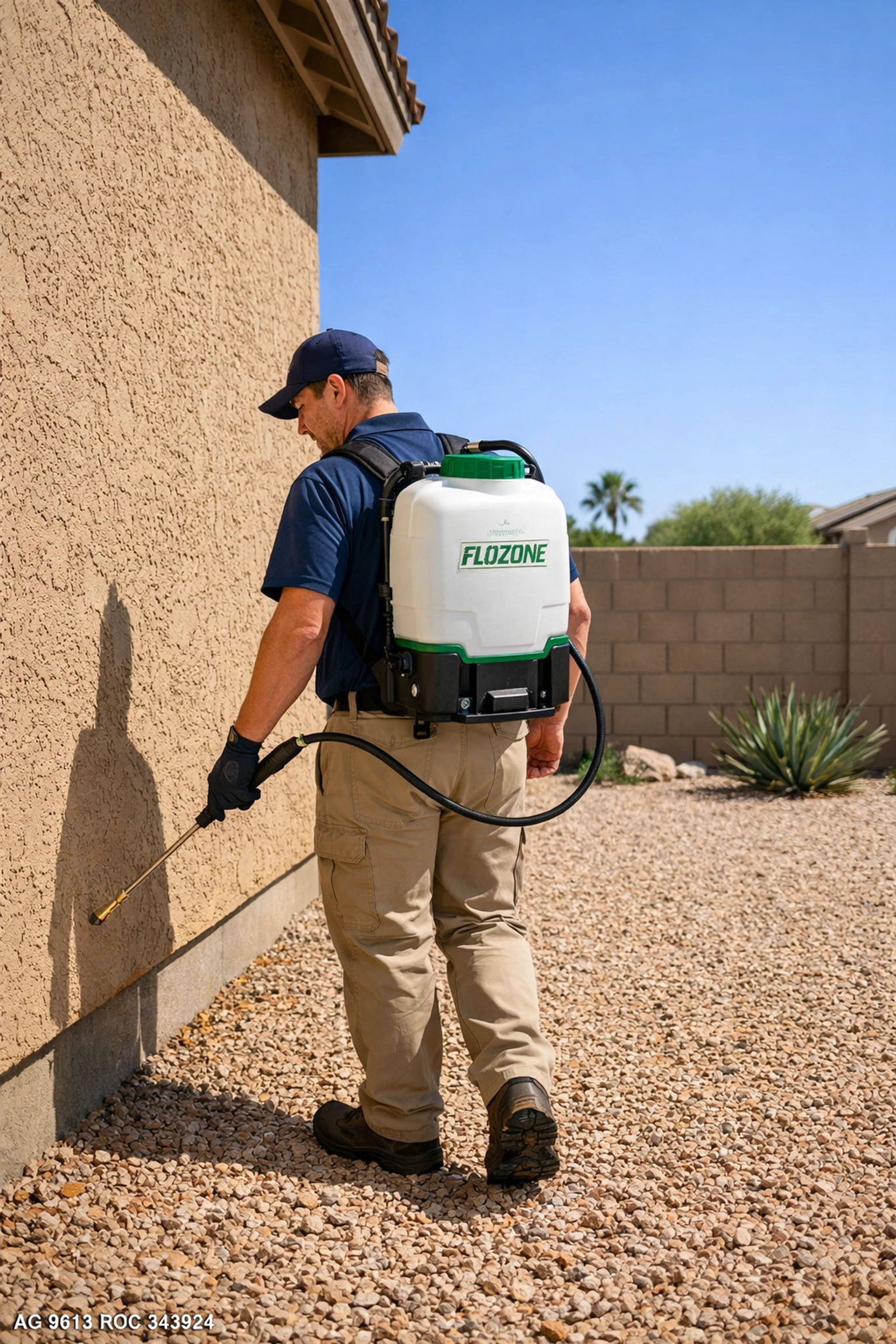 Bucksworth technician applying exterior pest control barrier to a Chandler home using a Flozone backpack sprayer.