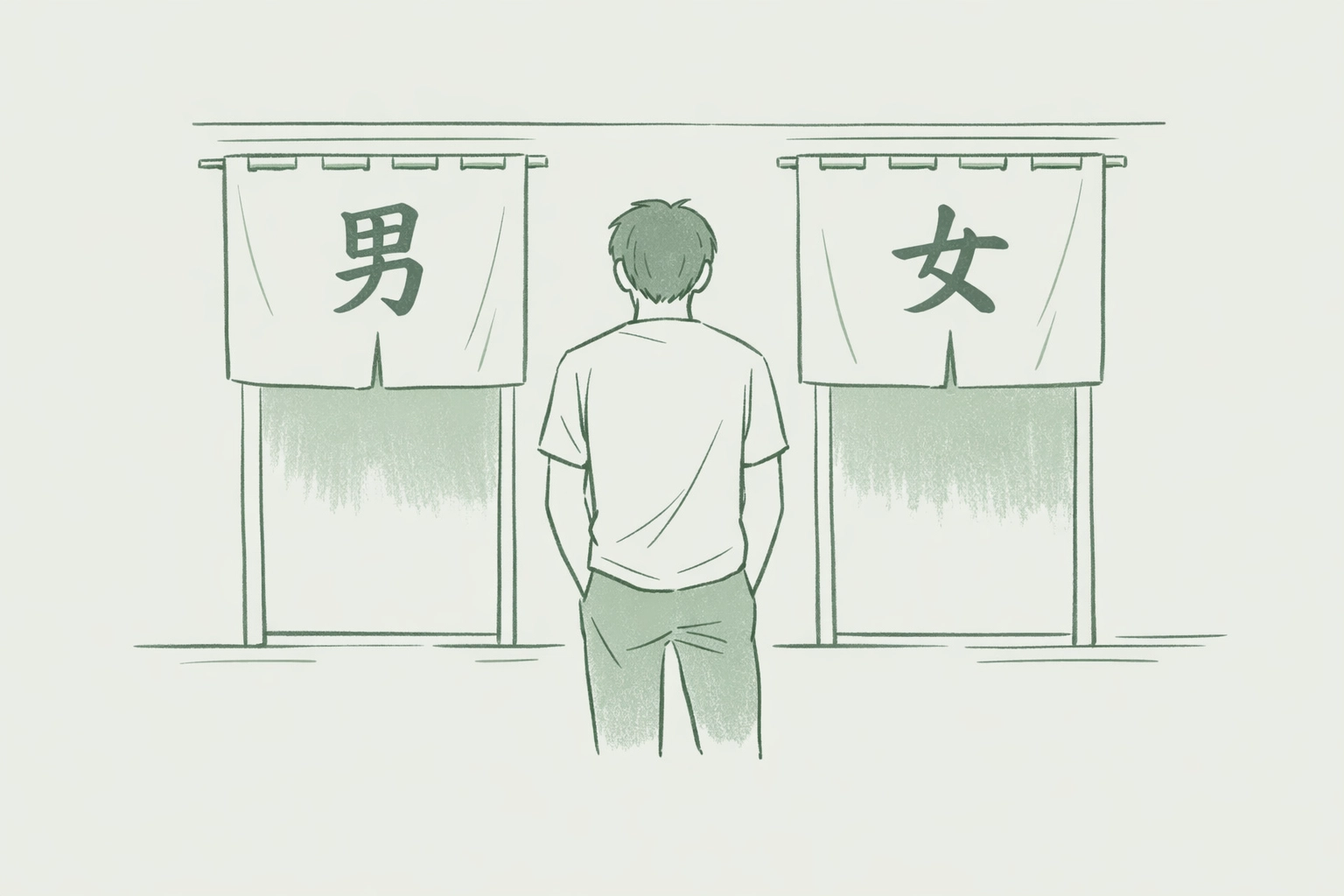 Person facing gendered bathhouse entrances in Japan, illustrating transgender and non-binary challenges