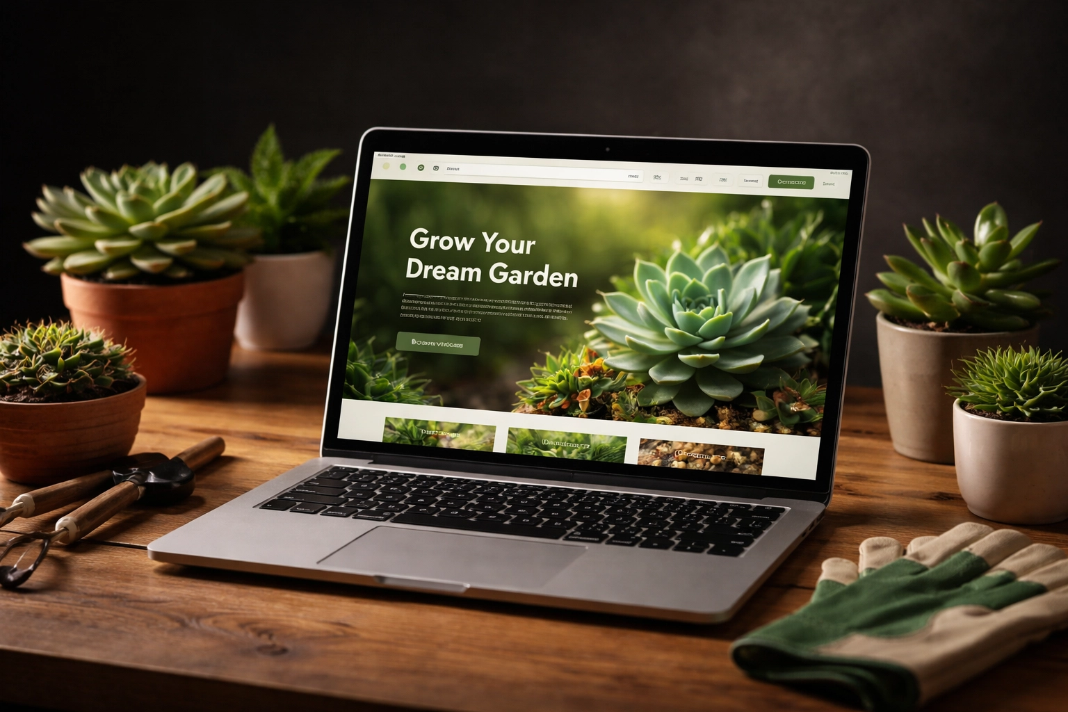 Laptop displaying a garden service website with plants and gloves, representing online presence for Brisbane garden services.