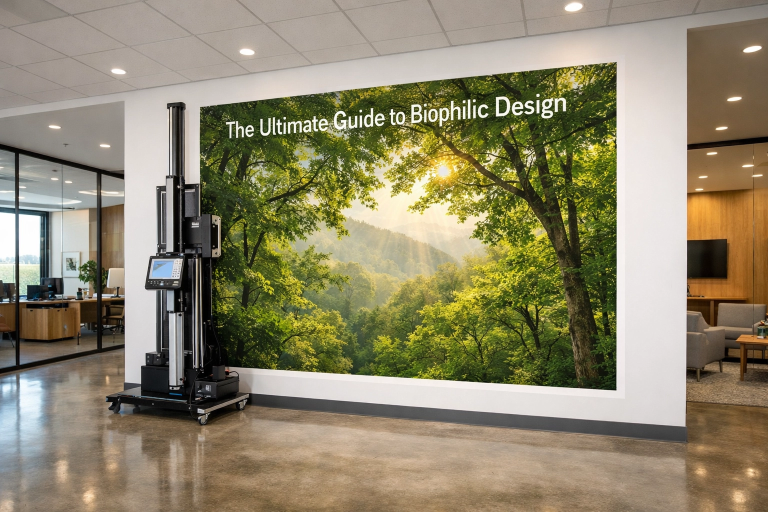Vertical wall printing machine creating a lush forest nature mural in a modern office for biophilic design.