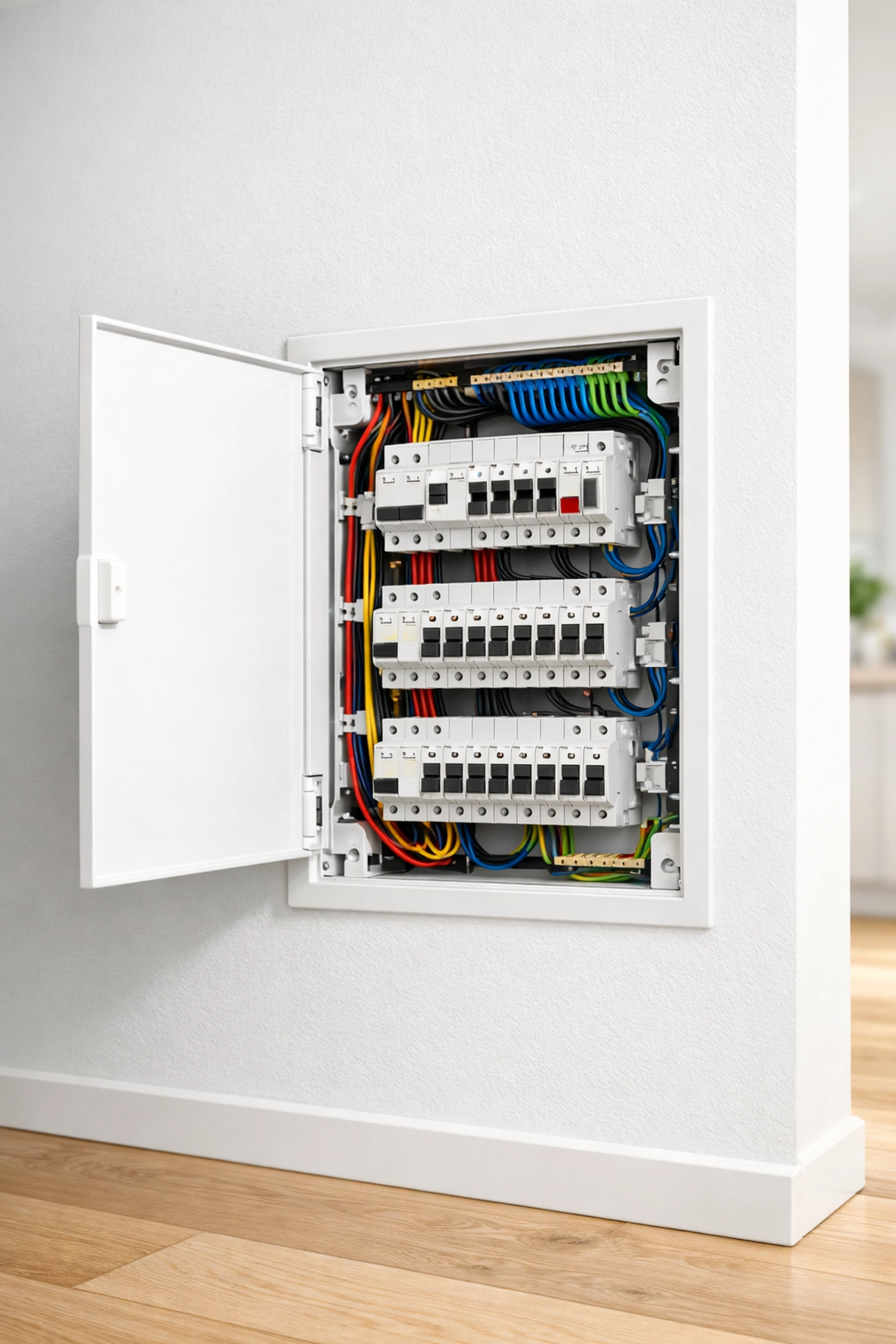 Modern electrical panel upgrade in Southern Maine home showing organized circuit breakers