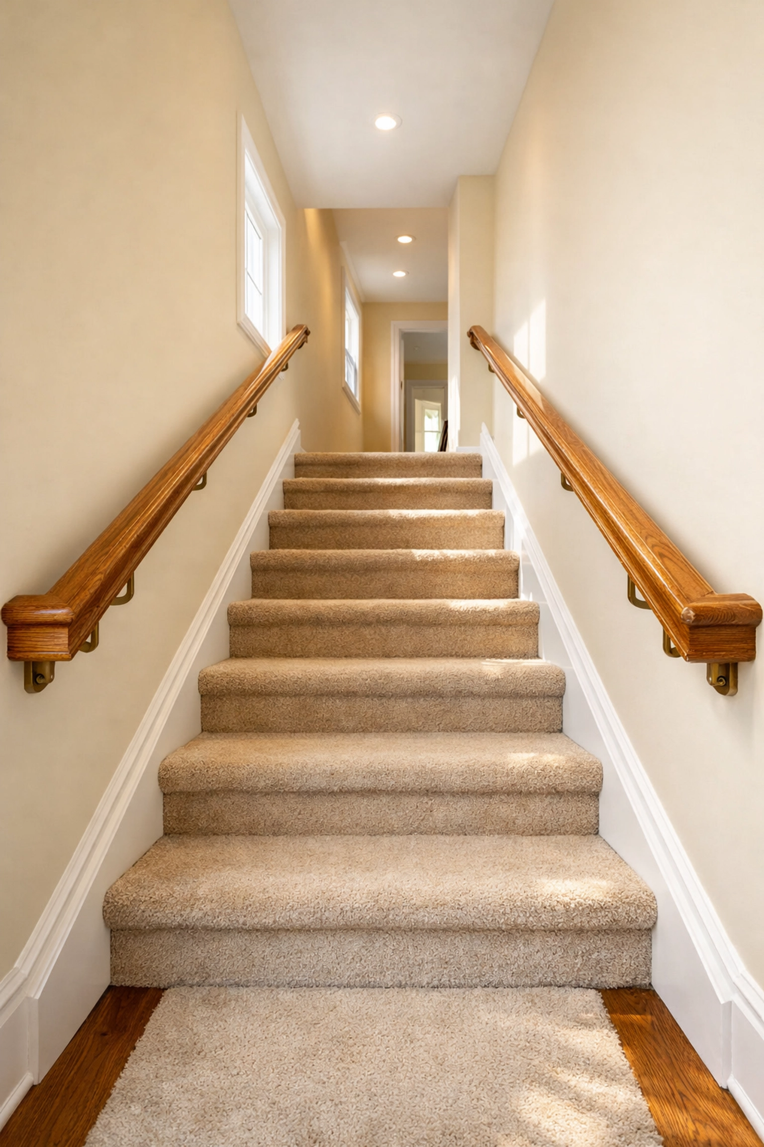 A well-lit residential staircase featuring sturdy wooden handrails on both sides for improved balance and safety.
