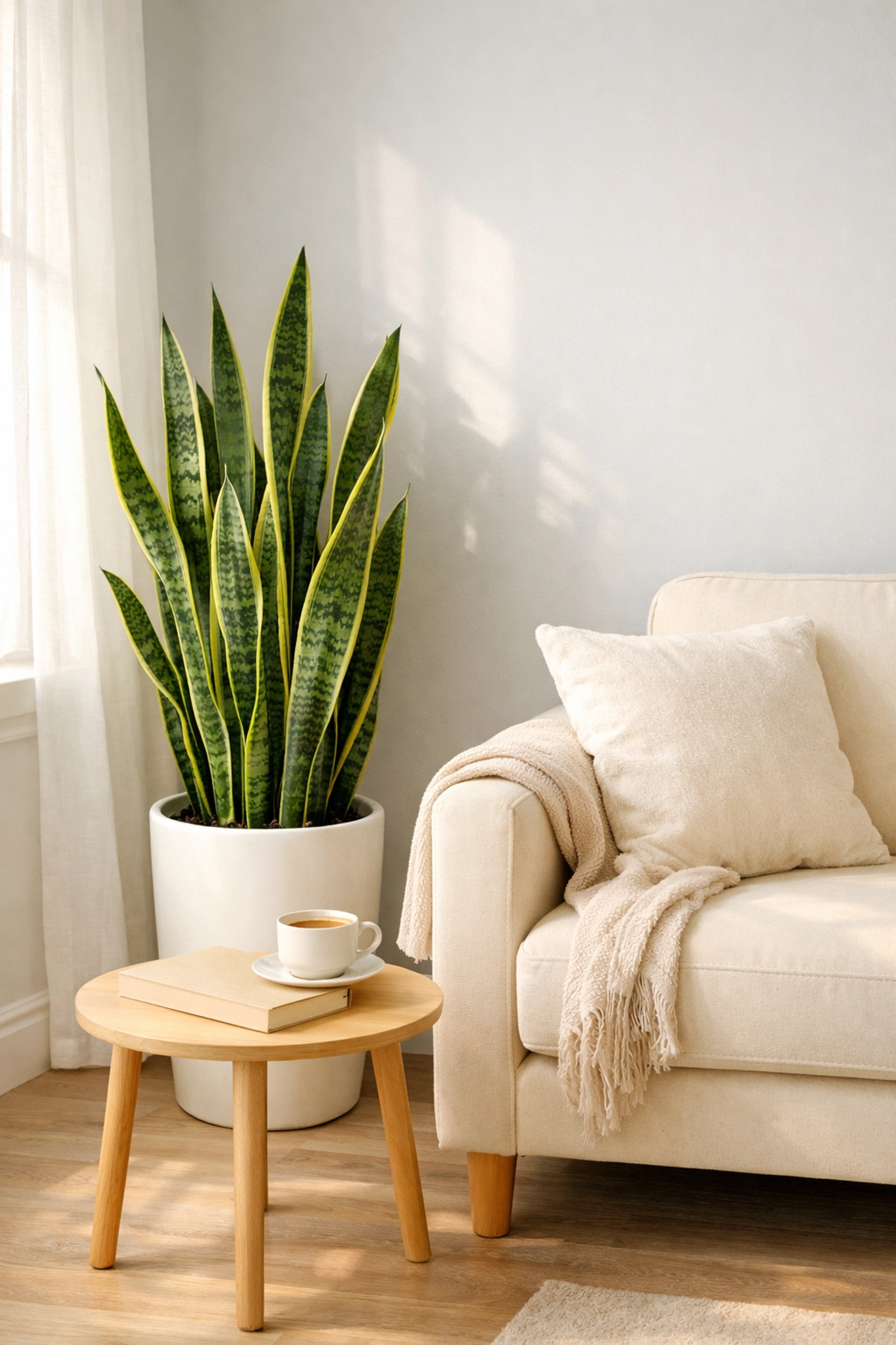 Snake plant in white pot beside cream armchair in cozy small living room corner