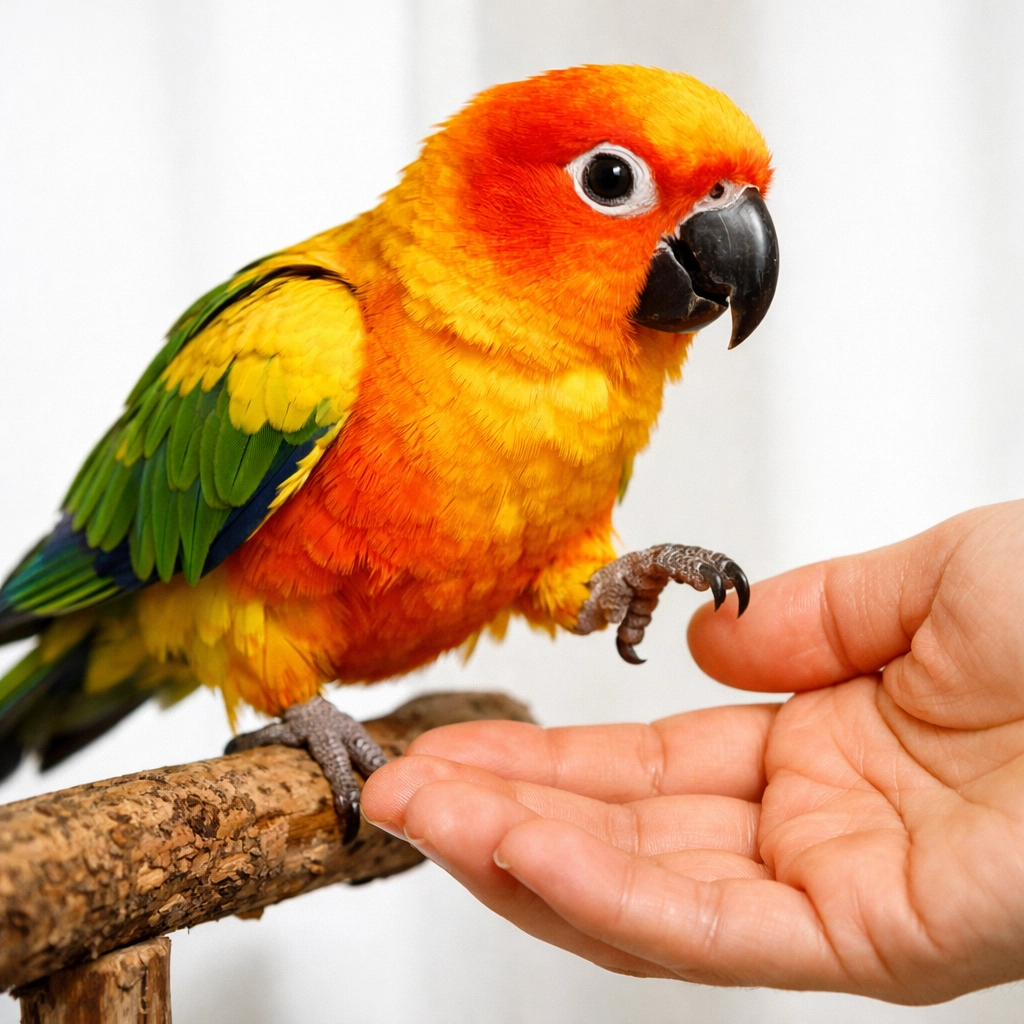 Sun Conure training with its owner, showing positive interaction and bird enrichment bonding.