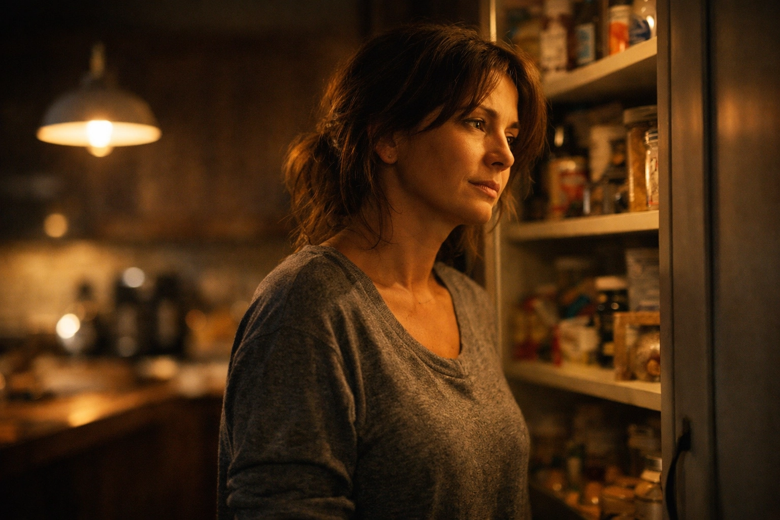 Woman in a kitchen at night contemplating emotional eating and coping with stress.
