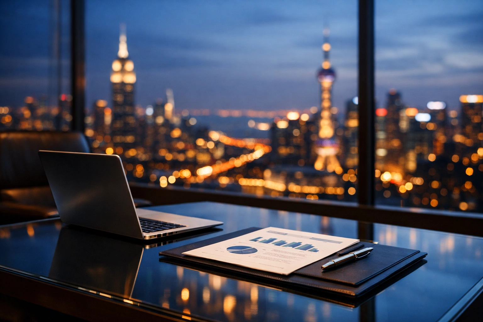 Global consulting and travel division strategy session in a modern boardroom with an international city skyline.