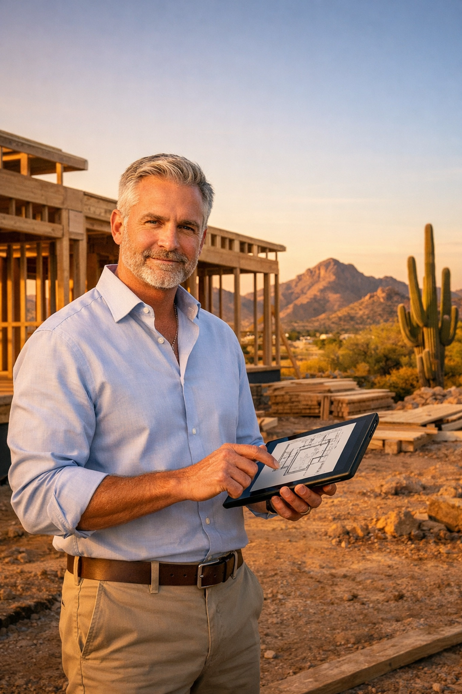 Real estate agent Brian Ramsey inspecting new construction home plans in Peoria, Arizona.