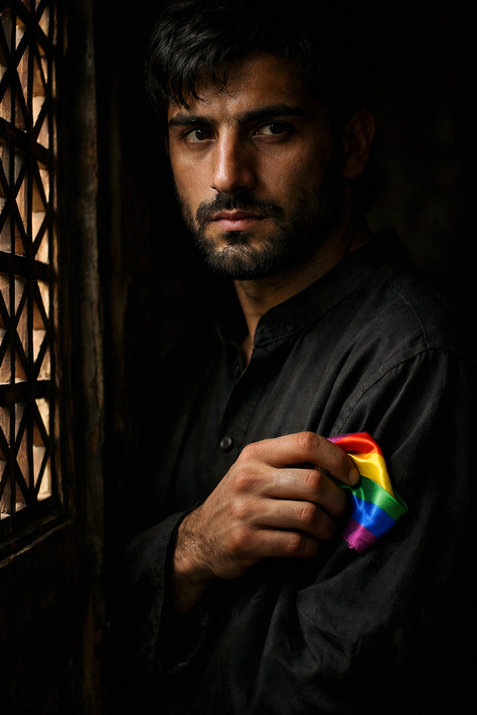 A resilient Afghan man standing in shadows while subtly revealing a hidden rainbow silk scarf.