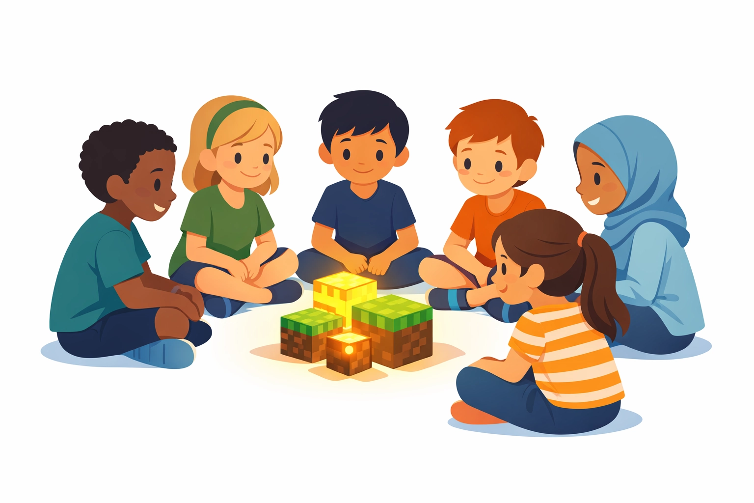 Children gathering around Minecraft blocks discussing Christian values and movie themes