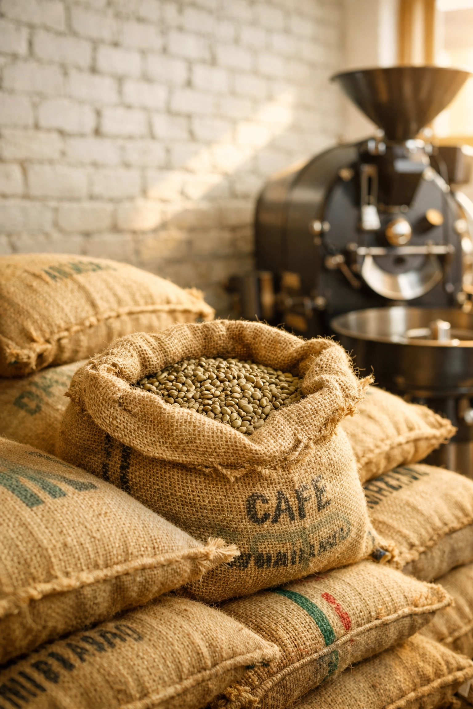 Burlap sacks of green beans at a coffee roaster wholesale facility showing premium sourcing.