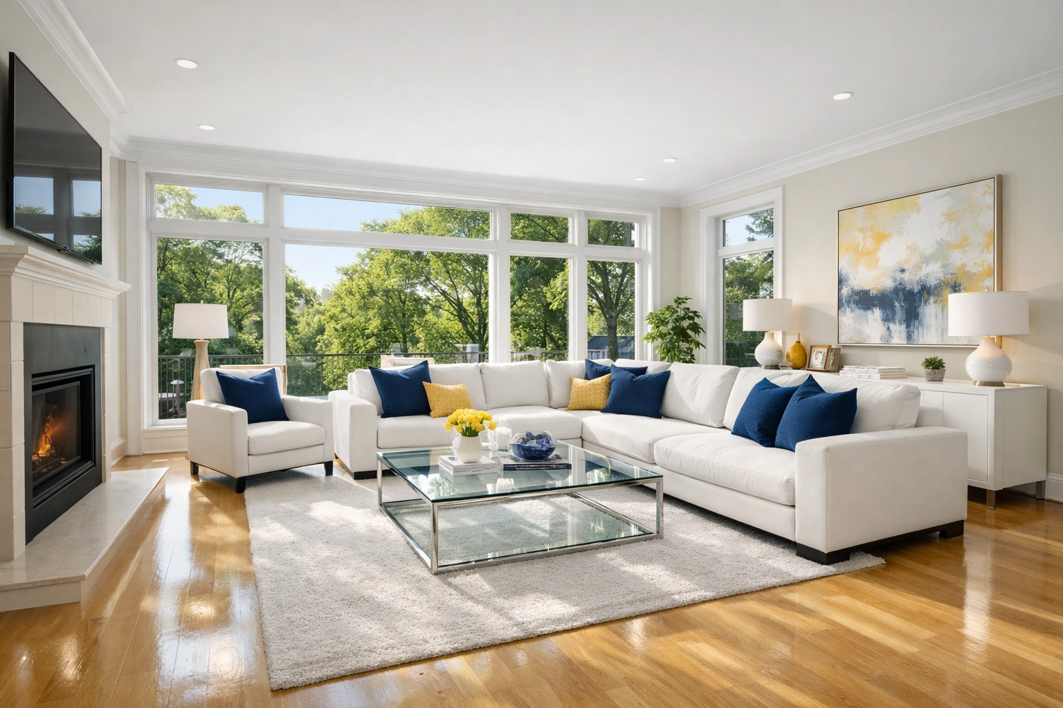 Spotless Burlington living room after a visit from our house cleaning service near me Burlington MA.