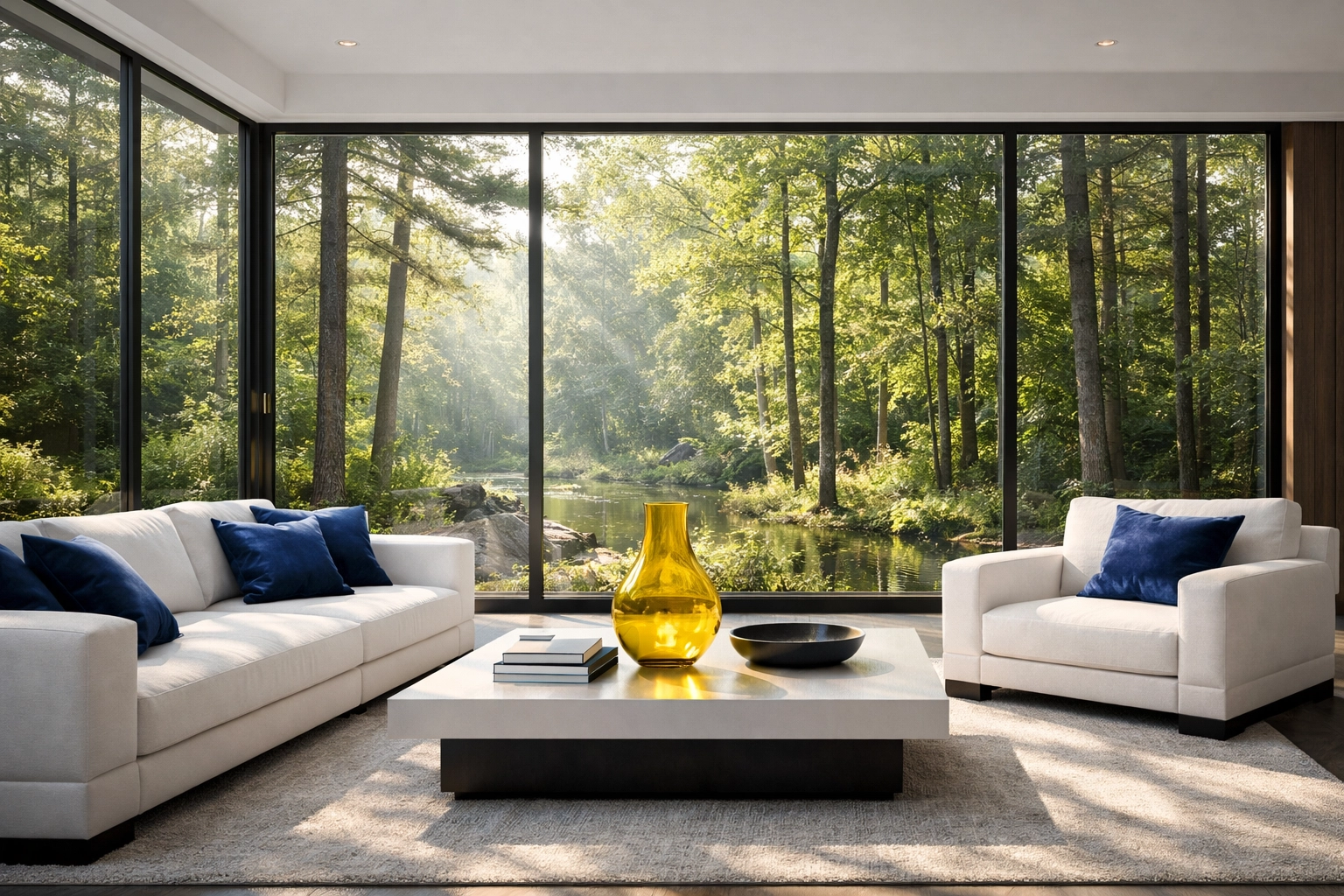 A bright Westwood living room with forest views and pristine air quality for elite living.