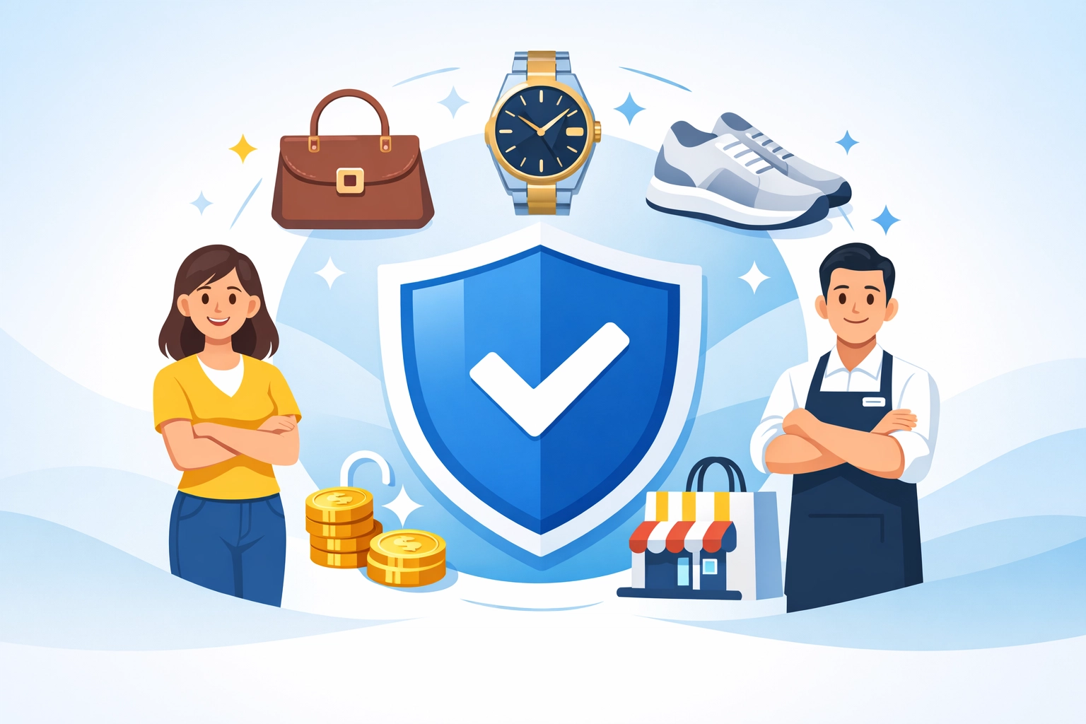 Authentication shield protecting luxury handbags, watches, and sneakers for resale stores
