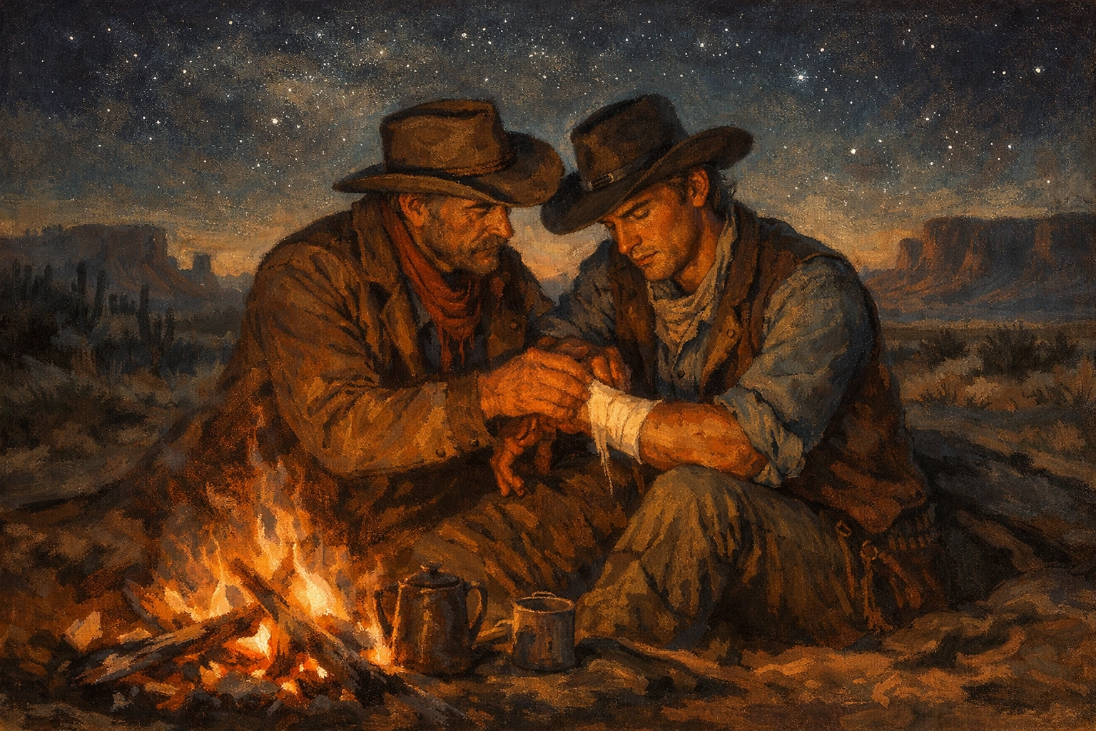 Two cowboys share intimate moment by campfire under New Mexico stars in 1870s frontier MM romance