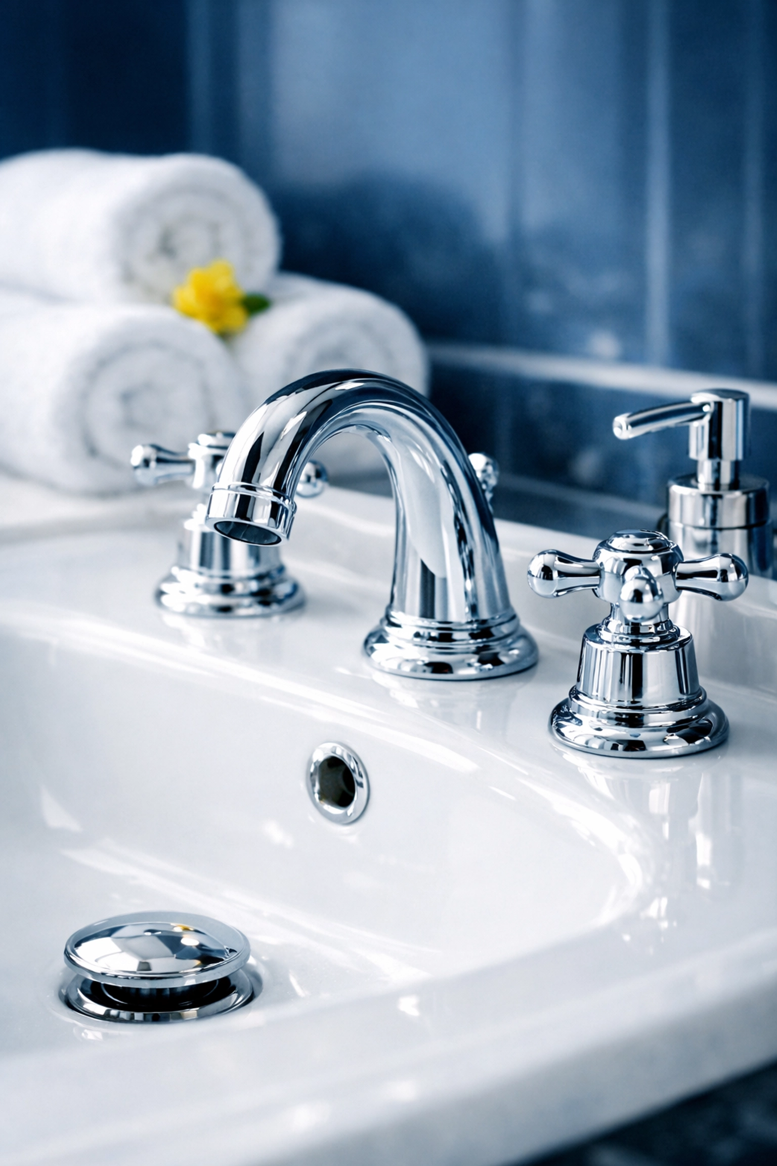 Close-up of a sanitized bathroom vanity with sparkling chrome fixtures in a Shrewsbury residential home.