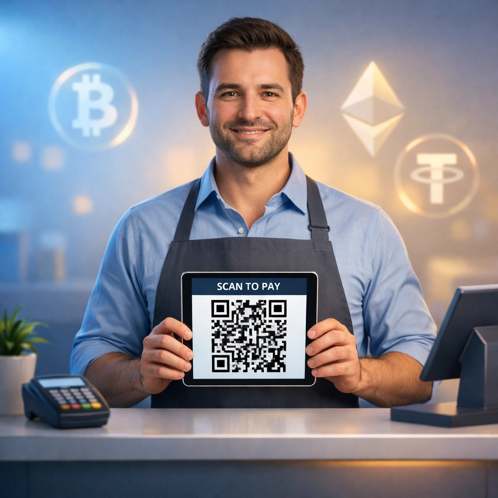 Merchant at checkout counter using QR code tablet for easy crypto payment acceptance