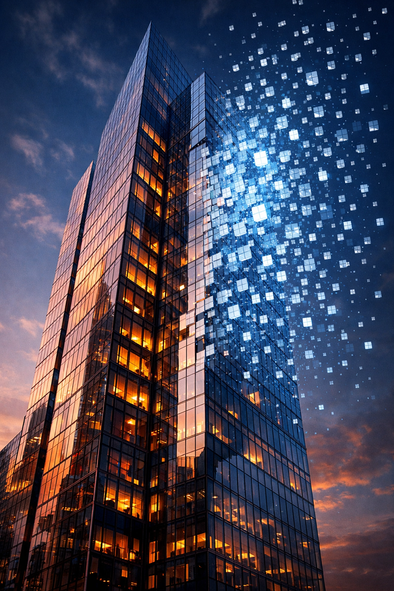 Digital visualization of real-world asset tokenization and fractional ownership of a skyscraper.