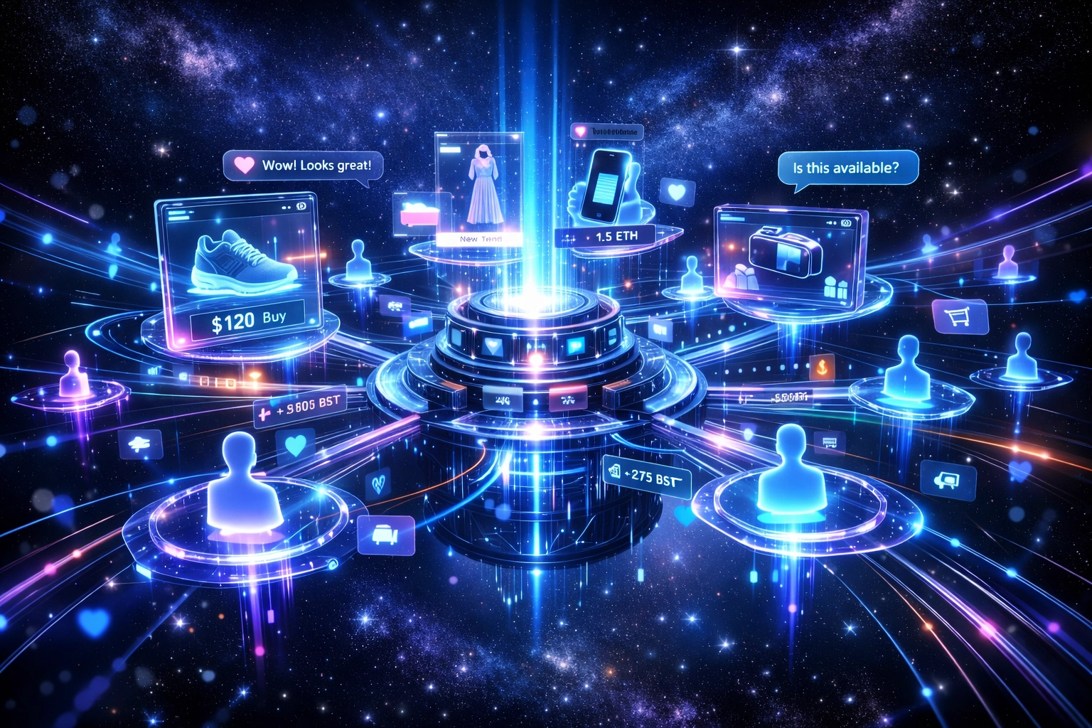 Web3 community social hub with interconnected users, holographic marketplace, and real-time payment transactions