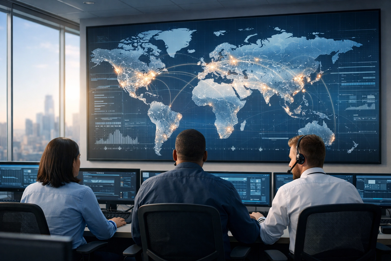 IT experts monitoring a global network map for scaled ServiceNow ITOM and ITAM implementations.