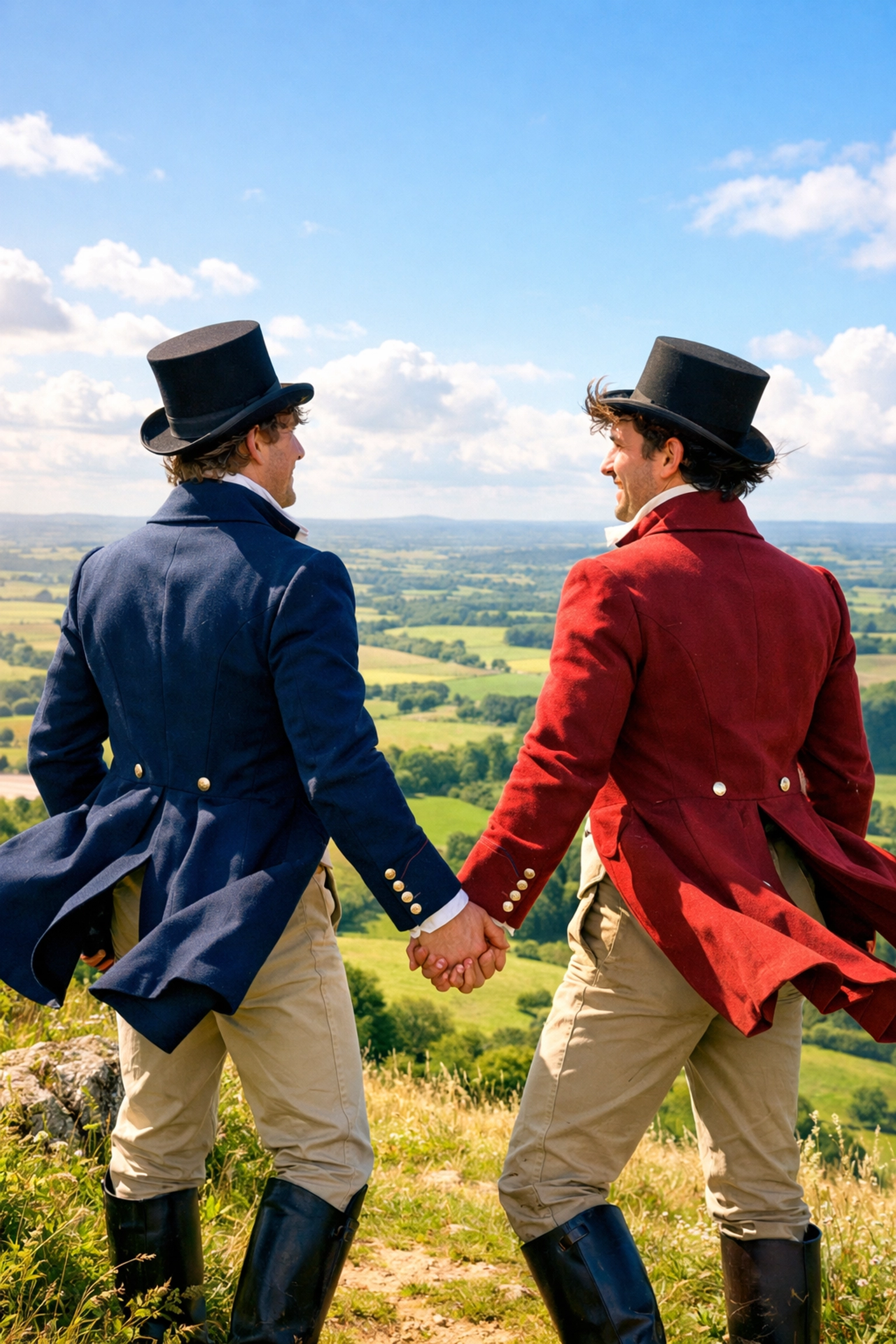 Two men in Regency riding gear holding hands on a hill, symbolizing a happy ending in historical MM romance.