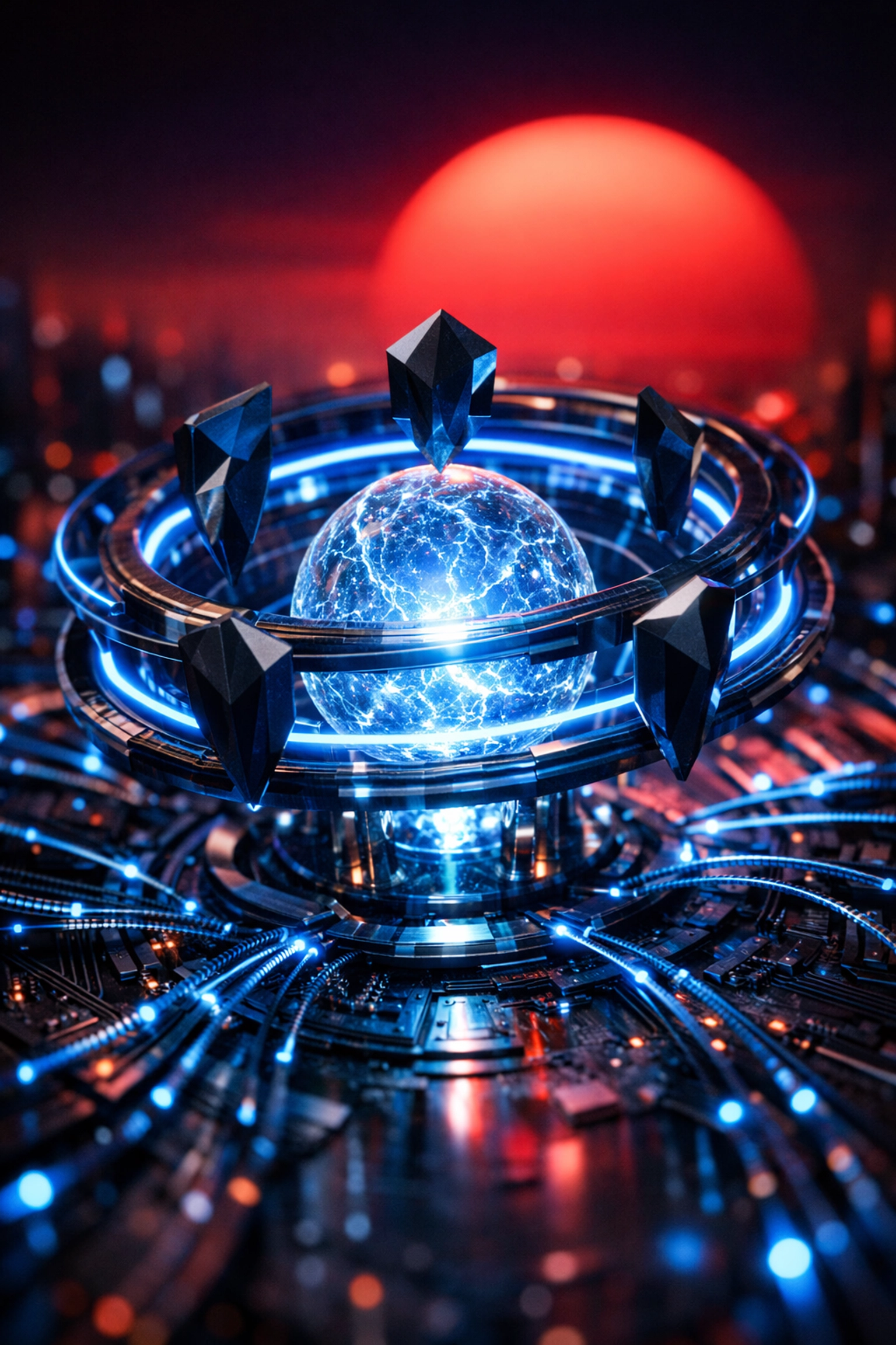 Secure network core with light pathways representing scalable managed IT infrastructure.