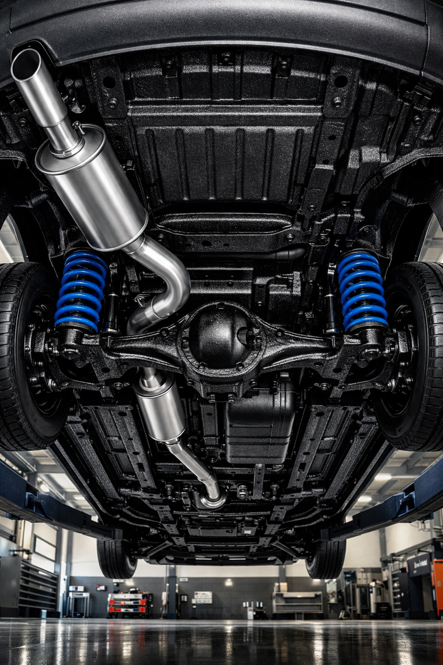 A van undercarriage after an automotive undercoating service with Dinitrol.