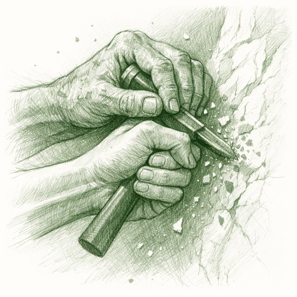 Two male hands gripping sculptor's chisel on marble - mentorship and desire in Italian art romance