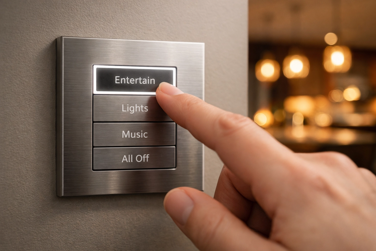 Minimalist smart home lighting keypad for custom scene control in a modern Scottsdale residence.