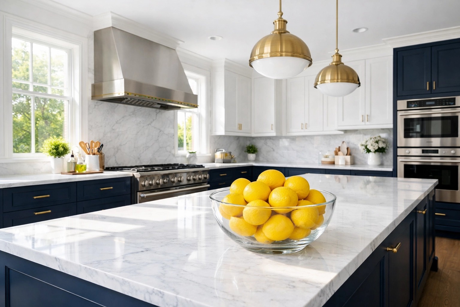 Spotless luxury Massachusetts kitchen with marble countertops after a professional move-in deep clean.