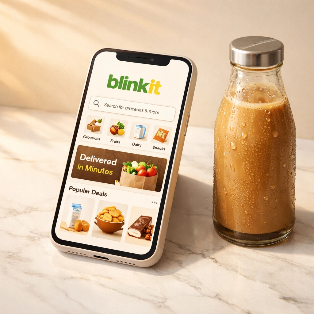 Ordering bottled coffee on Blinkit app with glass bottle of cold coffee ready for quick delivery